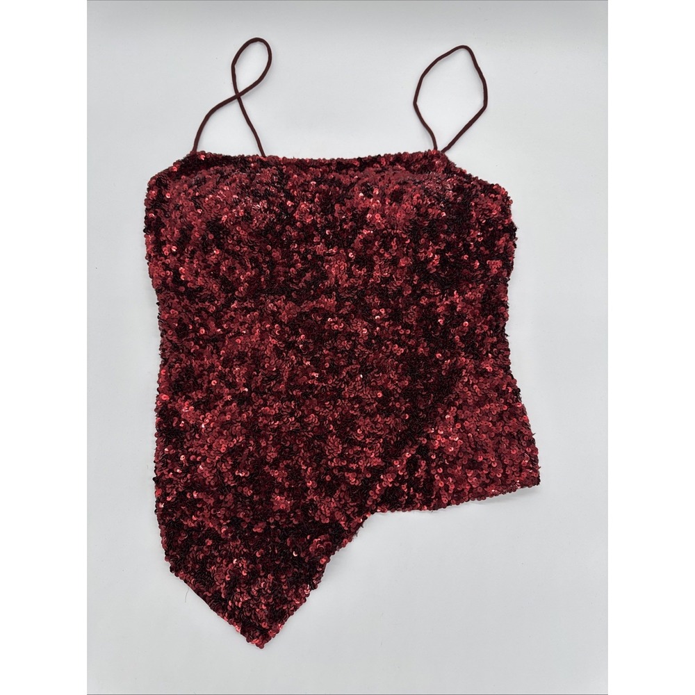 CACHE Womens Deep Red Full Sequin Shirt Top - Sz Large Silk Lining Zipper Padded
